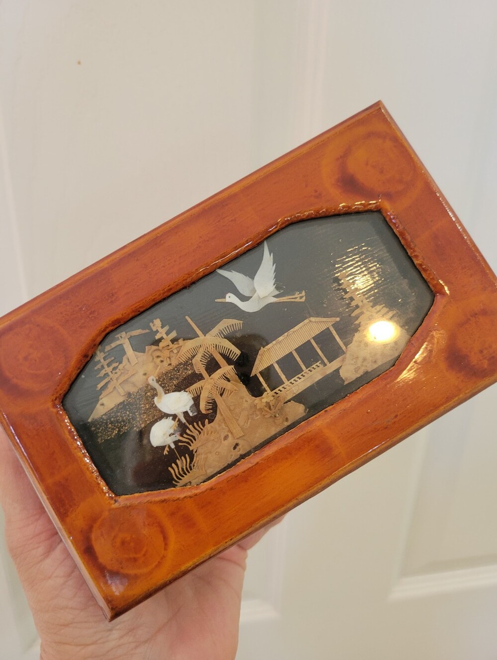 Asian Motif Lacquered Decorative Trinket Jewelry Box Trees Pagoda Crane Scene